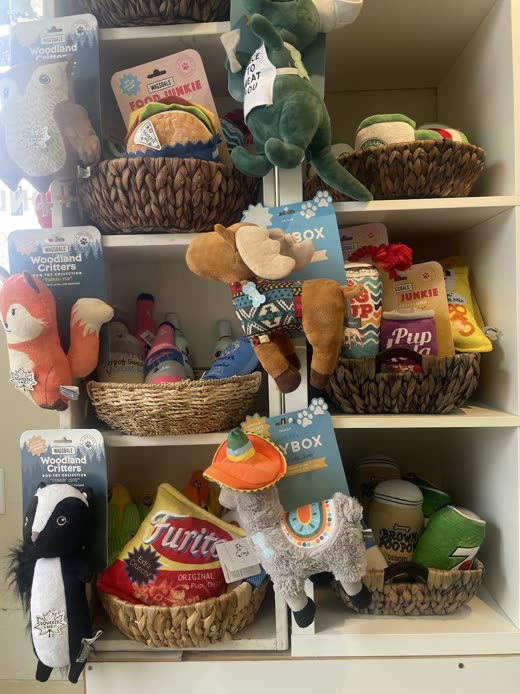 Boutique shelving stacked with baskets of dog toys and treat packets